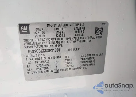 2016 Chevrolet Tahoe Lt from USA, damaged, VIN 1GNSCBKC6GR210201